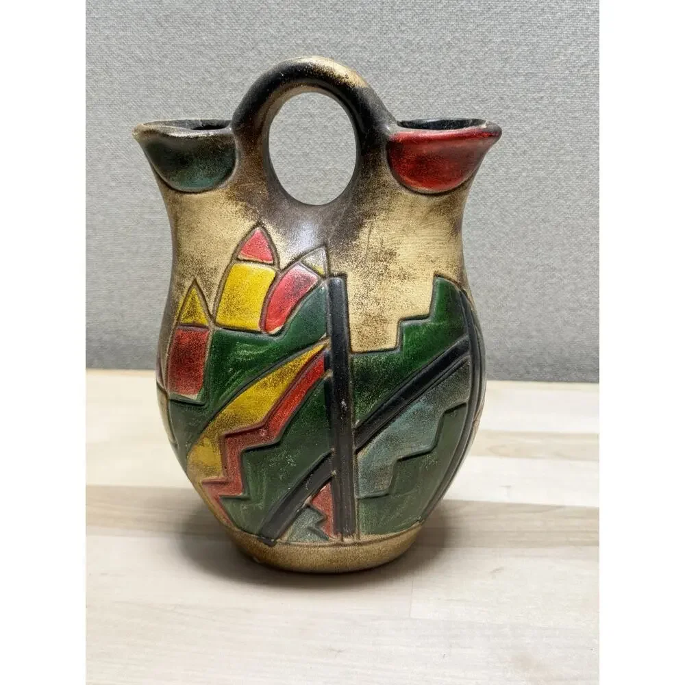 VTG Southwestern Wedding Vase Double Spout Pottery Pitcher Tribal Mid Century‎